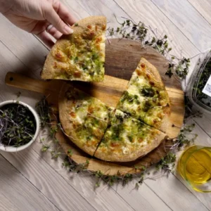 Garlic White Sauce with Microgreen Drizzle Frozen Pizza-Olive-Branch-Gardens